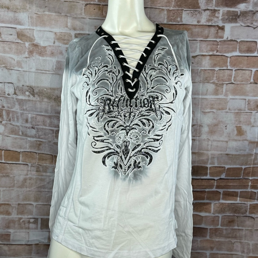 Affliction Women’s Graphic Long Sleeve Lace Up Top -Size: Small -NWT
